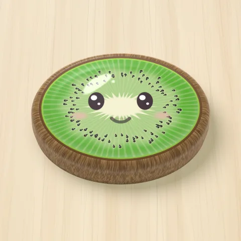 A jelly kiwi with a smiling face on a wooden board