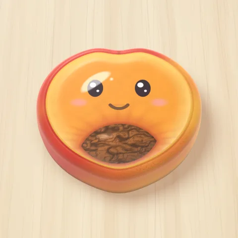 A jelly peach with a smiling face on a wooden board