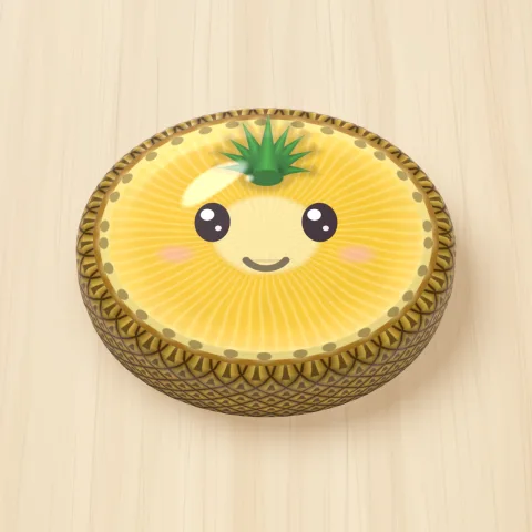 A jelly pineapple with a smiling face on a wooden board