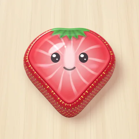 A jelly strawberry with a smiling face on a wooden board