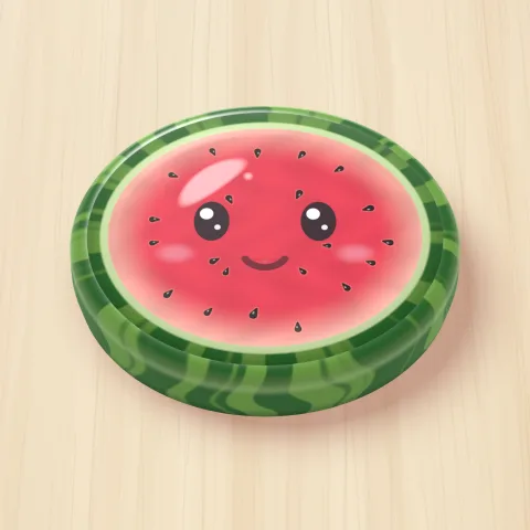 A jelly watermelon with a smiling face on a wooden board