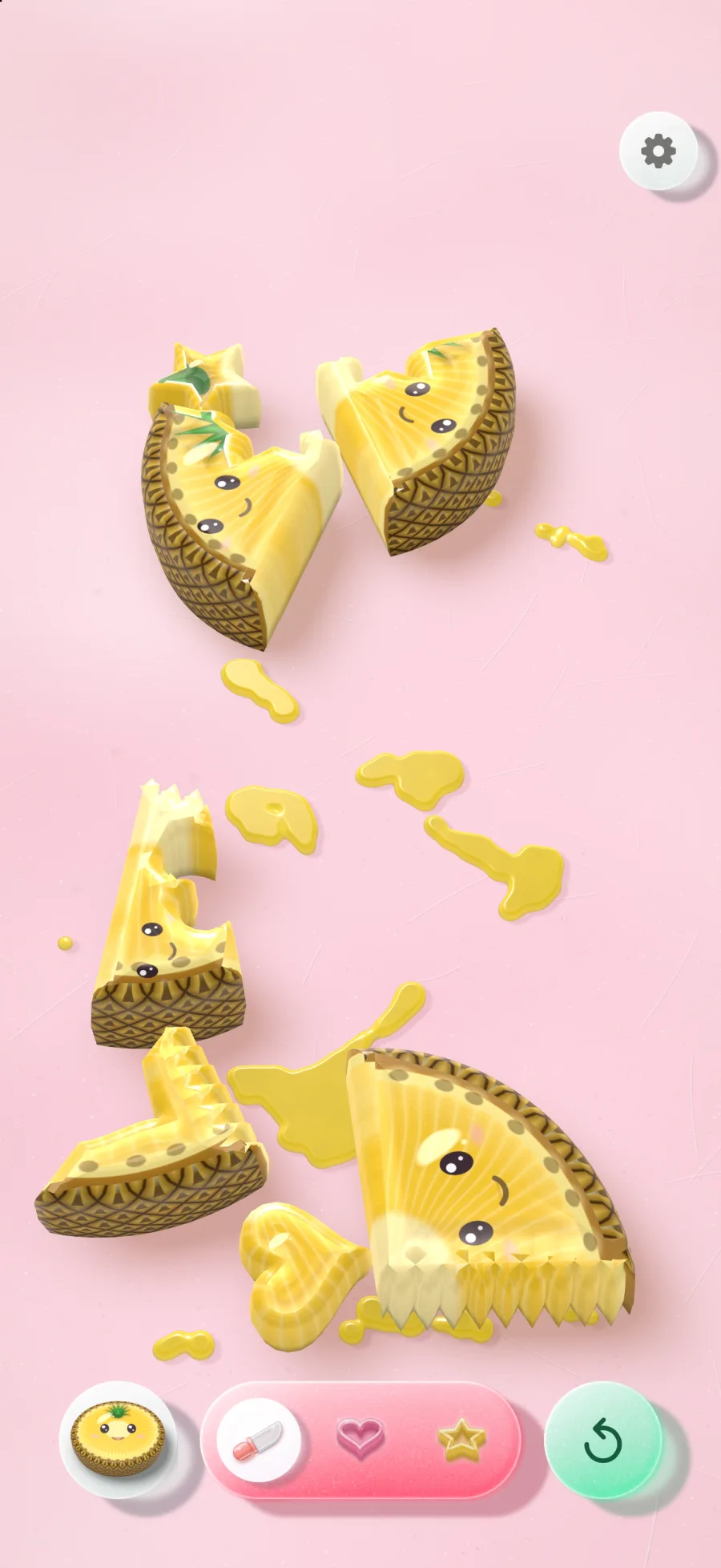 Pieces of a jelly pineapple tumbling across a pink candy board mid-shake